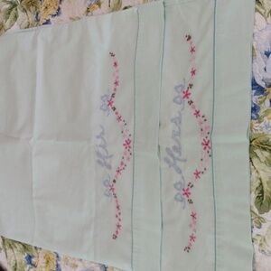 Vintage His Hers Pillowcases Mint Green Embroidered Set Wedding Gift